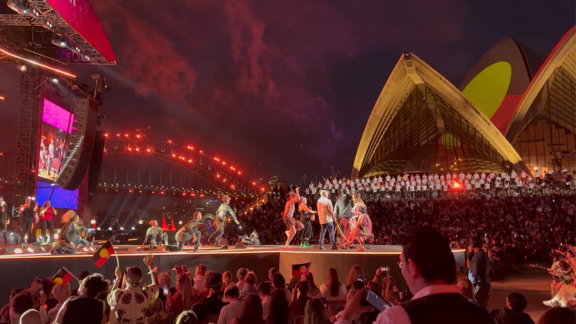Australia Day Live on the Sydney Opera House forecourt, stage and crowd with the Harbour Bridge behind